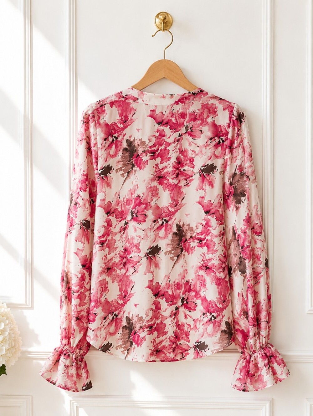 Pink Floral Ruffle Semi Sheer Blouse | Size Medium | Romantic Feminine - Picture 6 of 8
